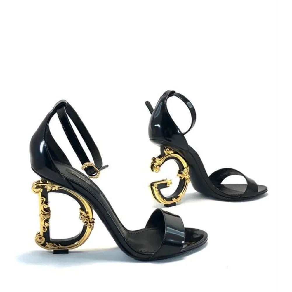 Dolce And Gabbana Black Sculpted Heel Patent Leather Sandals US7.5